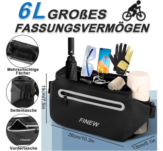 FINEW Велосипедна сумка Lenkertasche Fahrrad 3-в-1 на кермо, 6 л, з тримачем для мобільного телефону, чорна (5122)
