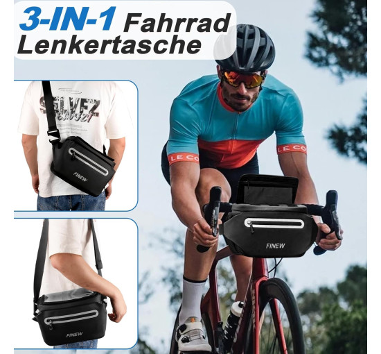 FINEW Велосипедна сумка Lenkertasche Fahrrad 3-в-1 на кермо, 6 л, з тримачем для мобільного телефону, чорна (5122)