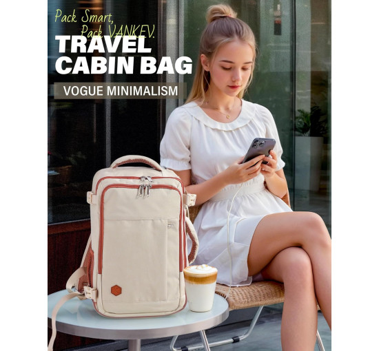 Ручна поклажа VANKEV 40x20x25, підсидільний рюкзак 20л, дорожня сумка-рюкзак для ноутбука 14 дюймів, бежевий (2097)