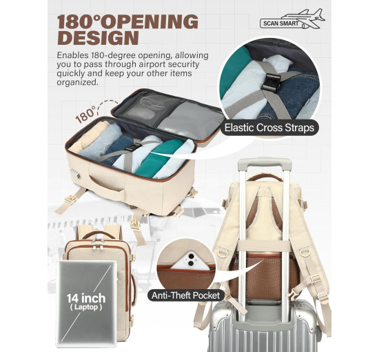 Ручна поклажа VANKEV 40x20x25, підсидільний рюкзак 20л, дорожня сумка-рюкзак для ноутбука 14 дюймів, бежевий (2097)