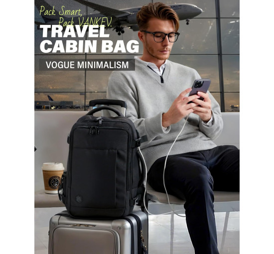 Ручна поклажа VANKEV 40x20x25, підсидільний рюкзак 20л, дорожня сумка-рюкзак для ноутбука 14 дюймів, чорний (2098)