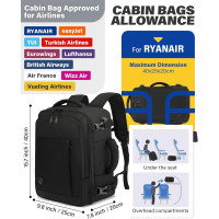 Ручная кладь VANKEV 40x20x25, подседающий рюкзак 20л, дорожная сумка-рюкзак для ноутбука 14 дюймов, черный (2098)