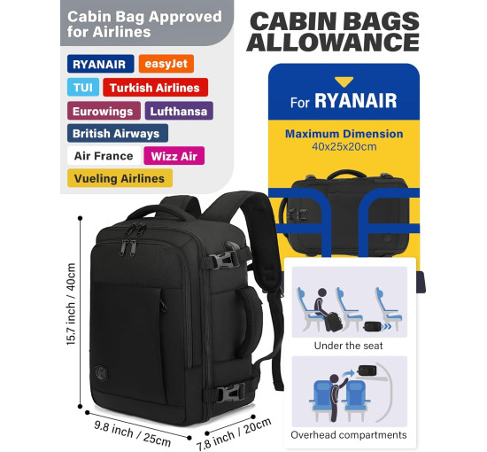 Ручна поклажа VANKEV 40x20x25, підсидільний рюкзак 20л, дорожня сумка-рюкзак для ноутбука 14 дюймів, чорний (2098)