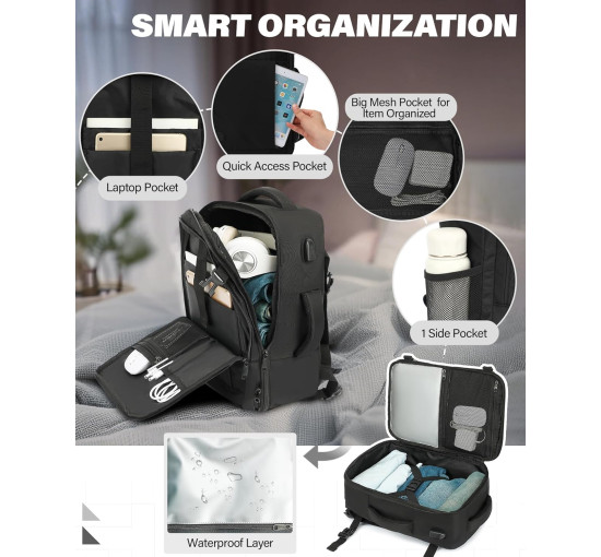 Ручна поклажа VANKEV 40x20x25, підсидільний рюкзак 20л, дорожня сумка-рюкзак для ноутбука 14 дюймів, чорний (2098)