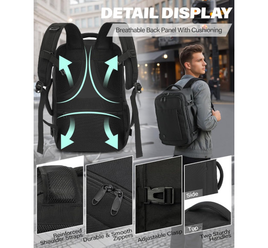 Ручна поклажа VANKEV 40x20x25, підсидільний рюкзак 20л, дорожня сумка-рюкзак для ноутбука 14 дюймів, чорний (2098)