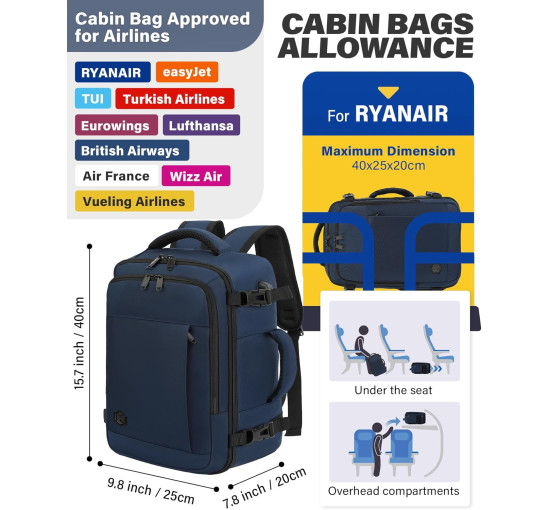 Ручна поклажа VANKEV 40x20x25, підсидільний рюкзак 20л, дорожня сумка-рюкзак для ноутбука 14 дюймів, Темно-синій (2099)