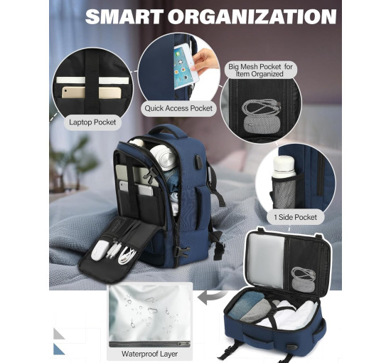 Ручна поклажа VANKEV 40x20x25, підсидільний рюкзак 20л, дорожня сумка-рюкзак для ноутбука 14 дюймів, Темно-синій (2099)
