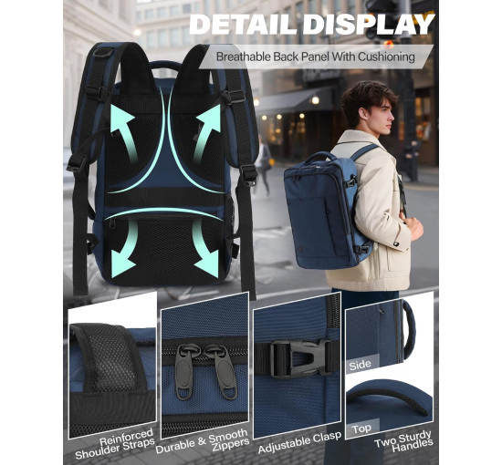 Ручна поклажа VANKEV 40x20x25, підсидільний рюкзак 20л, дорожня сумка-рюкзак для ноутбука 14 дюймів, Темно-синій (2099)