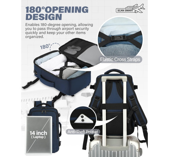 Ручна поклажа VANKEV 40x20x25, підсидільний рюкзак 20л, дорожня сумка-рюкзак для ноутбука 14 дюймів, Темно-синій (2099)