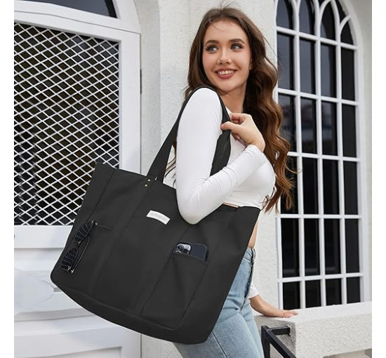 Велика полотняна сумка-тоут HOMESPON для жінок з кишенями та відділенням для ноутбука, чорна (2112)