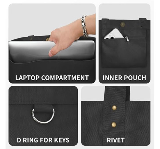 Велика полотняна сумка-тоут HOMESPON для жінок з кишенями та відділенням для ноутбука, чорна (2112)