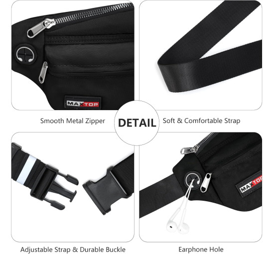 Велика поясна сумка MAXTOP для жінок і чоловіків, поясна сумка з регульованим ремінцем, необхідне для подорожей, бігу, чорна (2003)