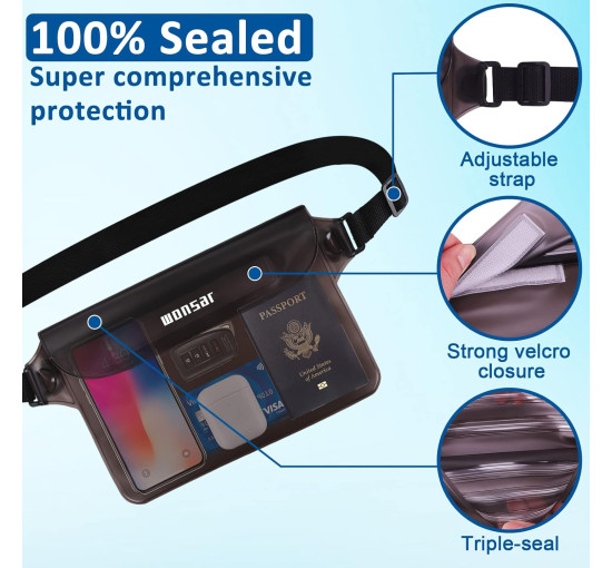 WONSAR Водонепроникна сумка WWH4C001-2  поясна сумка з регульованим ремінцем, чорно-сіра (5117)