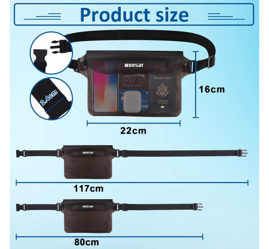 WONSAR Водонепроникна сумка WWH4C001-2  поясна сумка з регульованим ремінцем, чорно-сіра (5117)