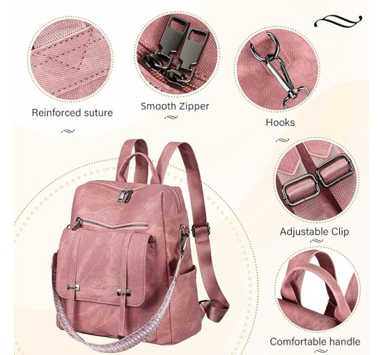 Жіночий рюкзак Leathario з веганської шкіри, водонепроникний 3-в-1, рожевий (3122)