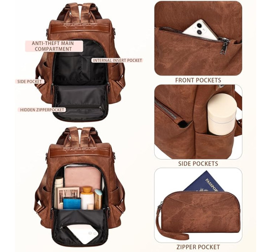 Жіночий рюкзак Leathario із захистом від крадіжки та бризок, коричневий (3121)