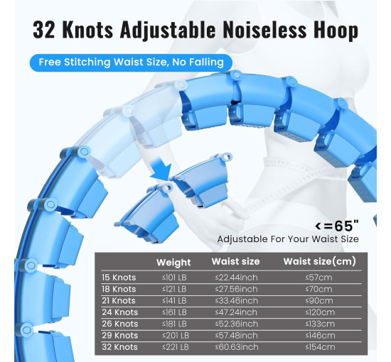 Фітнес обруч Maicifi 65-дюймовий 32 вузли, хула-кільця для жінок 2 в 1 для талії та живота, блакитний (0040)