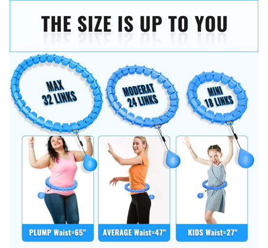 Фітнес обруч Maicifi 65-дюймовий 32 вузли, хула-кільця для жінок 2 в 1 для талії та живота, блакитний (0040)