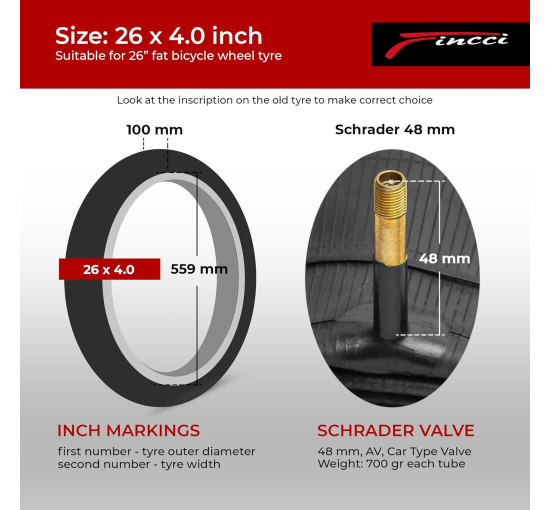 Fincci Внутрішні камери bp-i264as-2 Pair 26 x 4,0 дюйма 48 мм з вентилем Schrader для гірського велосипеда, 2 шт (5108)