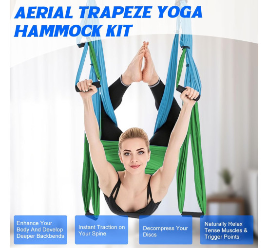 Комплект гойдалок Builrand ZXG0127 для повітряної йоги, комплект надміцних гамаків, гойдалки, вантажопідйомність 200 кг, сині (2095)