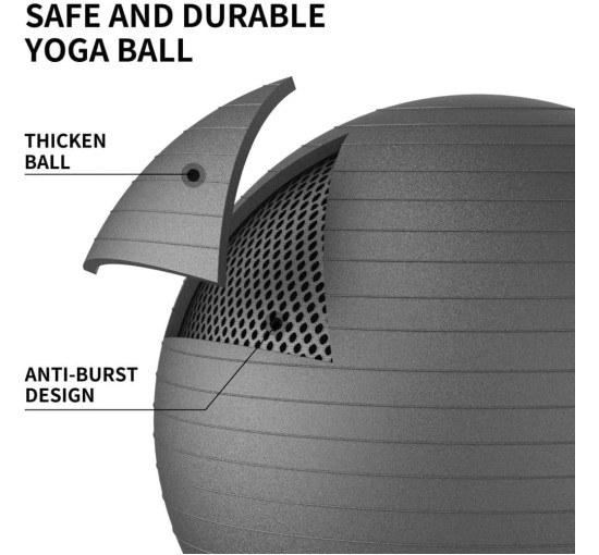 М'яч для вправ PROIRON PRO-YJ01-17, Анти-розривний стілець з м'ячем для йоги з швидким насосом, чорний (0023)