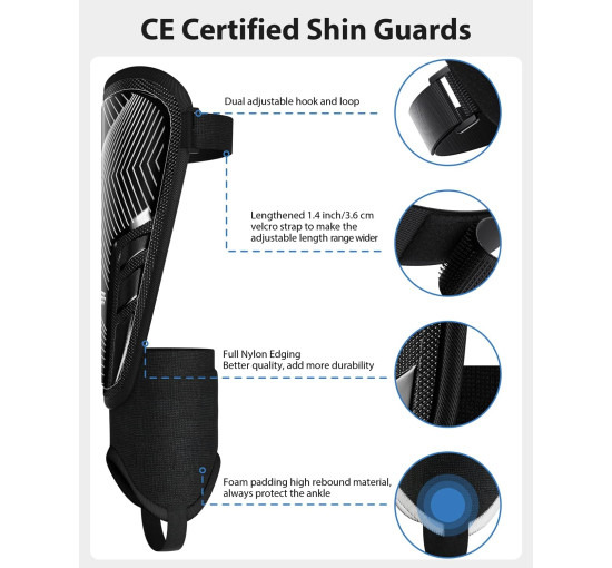 Модернізовані щитки для гомілок AirsFish FOOT3, для футболу для дітей, молоді та дорослих, сертифіковані CE, чорні (2038)