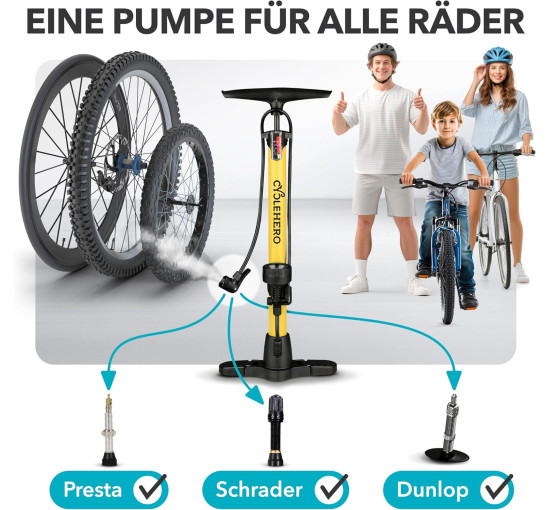 Потужний велосипедний насос CYCLEHERO, французький клапан, жовтий (0027)