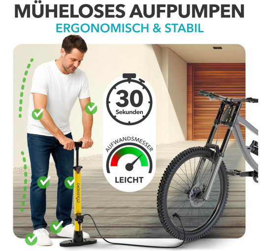 Потужний велосипедний насос CYCLEHERO, французький клапан, жовтий (0027)