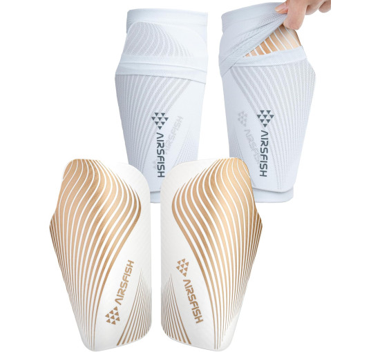 Щитки для гомілок AirsFish FOOT5 футбольні для дітей та дорослих, сертифіковані CE, рукави, з EVA-подушками, біло-золоті (2053)