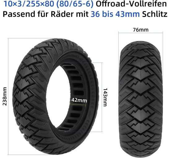 Ulip Шина для електросамоката 10x3/255x80(80/65-6) 10" змінна передня або задня фіксована шина, чорна (5125)