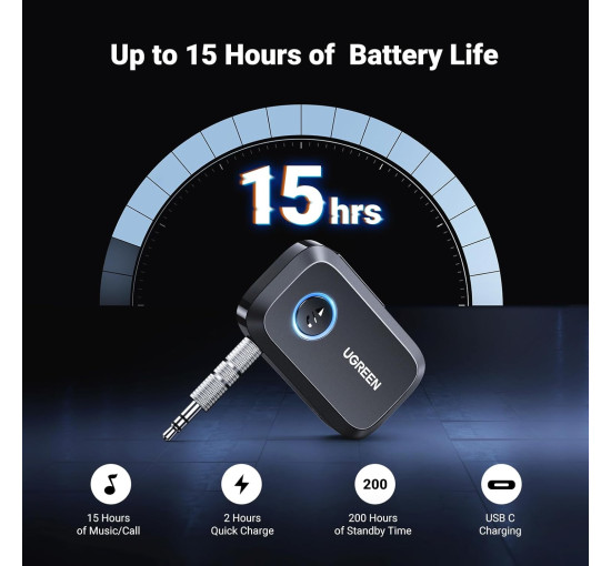 Адаптер Aux-Bluetooth 5.4 UGREEN CM596 з вбудованим мікрофоном, 15 годин відтворення, гучний зв'язок, чорний (0018)