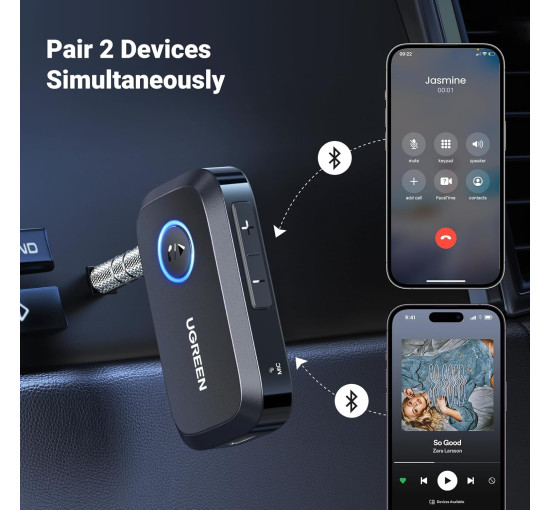 Адаптер Aux-Bluetooth 5.4 UGREEN CM596 з вбудованим мікрофоном, 15 годин відтворення, гучний зв'язок, чорний (0018)