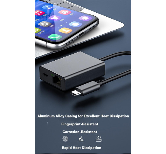 Адаптер GAROGYI USB C - Ethernet із зарядкою PD 60 Вт - Plug and Play, підтримка локальної мережі 1000 Мбіт/с для Android, iPad, MacBook (0161)