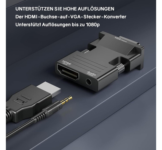 Адаптер VIEVRE HDMI-VGA з 3,5-мм штекером для ПК, ноутбука, VGA-монітора, PS4/3 Xbox, HDTV та інших пристроїв, чорний (0151)