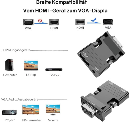 Адаптер VIEVRE HDMI-VGA з 3,5-мм штекером для ПК, ноутбука, VGA-монітора, PS4/3 Xbox, HDTV та інших пристроїв, чорний (0151)