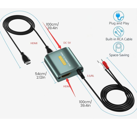 Аналоговий аудіоадаптер Hdiwousp HDMI-HDMI 3,5 мм AUX L/R Stereo (3175)