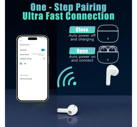 Бездротові Bluetooth-навушники DIAIDIAI A6, Hi-Fi стереонавушники з 4 мікрофонами, сенсорне керування, водонепроникні IPX7, сумісні зі смартфоном, чорні (0035)