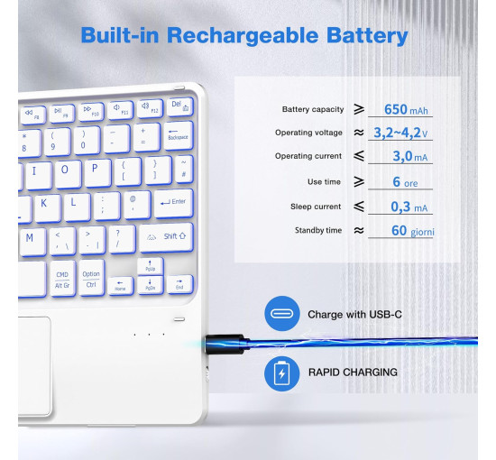 Бездротова клавіатура CACOE K08BT 10 дюймів із QWERTY-розкладкою та сенсорною панеллю, біла (2165)