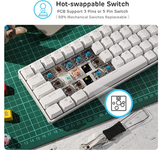 Бездротова, компактна ігрова клавіатура RK ROYAL KLUDGE RK61 з потрійним режимом, біла (4108)