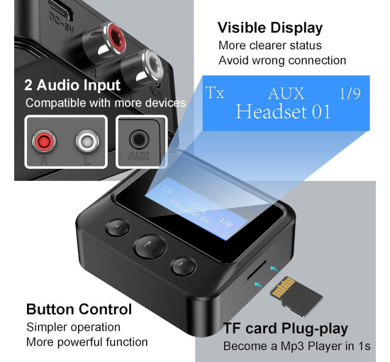 Bluetooth-передавач-приймач  WCCDYZDTG C39S з РК-екраном, TF-картою, підтримкою Plug-Play, підтримкою 3,5 мм AUX, RCA (0160)