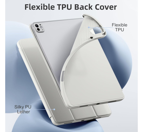 Чохол Vobafe для iPad Pro 13 (M4) 2024 з тримачем для олівців, трискладною підставкою, гнучка задня кришка TPU, світло-сірий (2042)