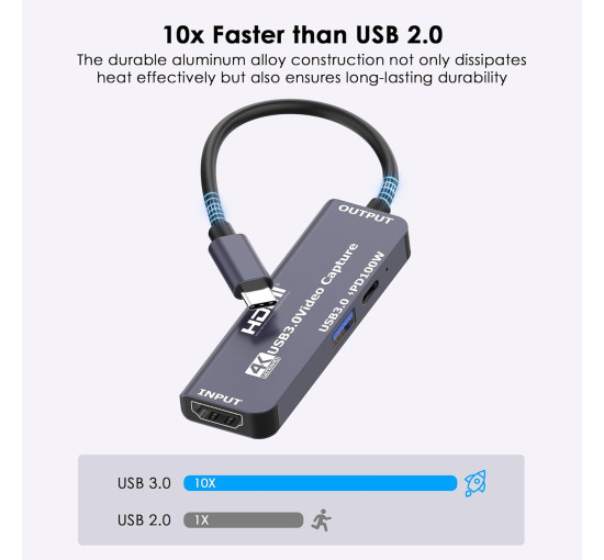 Dbilida Плата відеозахоплення  ‎Dbilida-USB30-VC-100W USB 3.0 з PD 100 Вт, запис 4K, 1080P 60 кадрів/с, сірий (5101)
