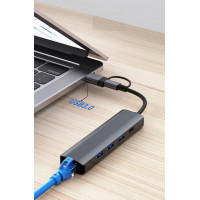 Deepfox Док-станція 2208TU, USB Type-C/Type-A, RJ45 Ethernet LAN адаптер 1000 Мбіт/с (5040)