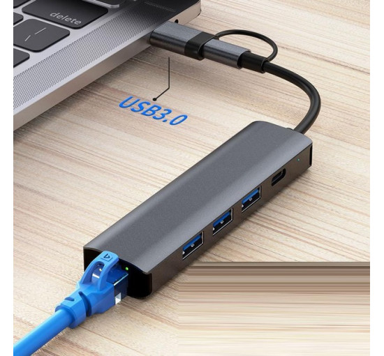 Deepfox Док-станція 2208TU, USB Type-C/Type-A, RJ45 Ethernet LAN адаптер 1000 Мбіт/с (5040)