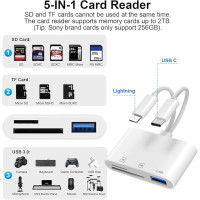 Denlane Зчитувач SD-карт із двома роз'ємами для iPhone та Android - 5-в-1, білий (5188)