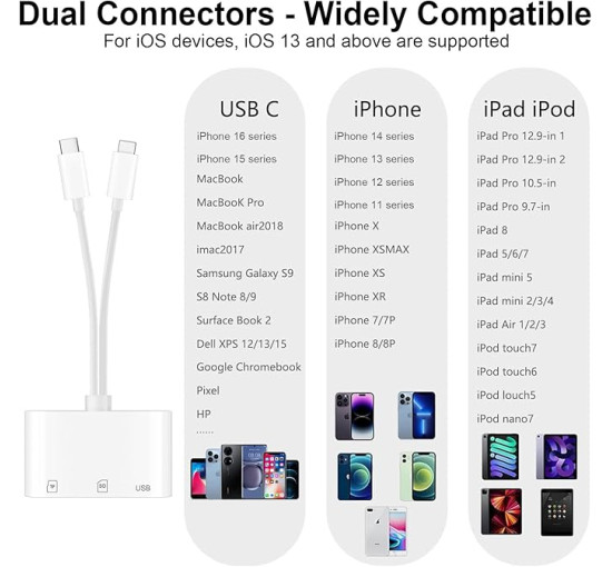 Denlane Зчитувач SD-карт із двома роз'ємами для iPhone та Android - 5-в-1, білий (5188)