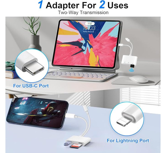 Denlane Зчитувач SD-карт із двома роз'ємами для iPhone та Android - 5-в-1, білий (5188)