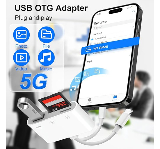 Denlane Зчитувач SD-карт із двома роз'ємами для iPhone та Android - 5-в-1, білий (5188)