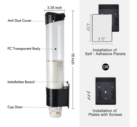Диспенсер для чашок LBTING, висувний тримач для чашок з кулером для води, підходить для чашок з конічним або плоским дном, чорний (2075)