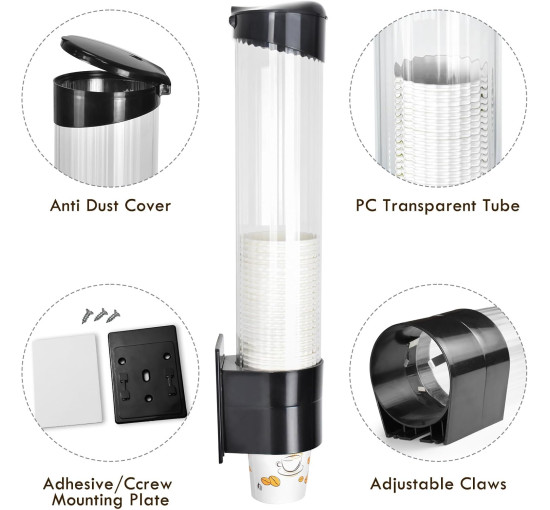 Диспенсер для чашок LBTING, висувний тримач для чашок з кулером для води, підходить для чашок з конічним або плоским дном, чорний (2075)